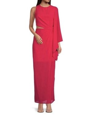 NWT Belle Badgley Mischka Riley One Long Sleeve Coral Pink Sheath Maxi Dress